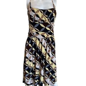 Gibson Yellow and Brown Geometric Midi Sun Dress Women’s M Ruched Strappy